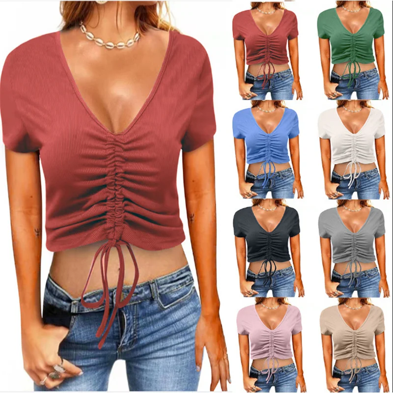 

2022 Summer New Tops European And American Women'S Clothing Sports Drawstring Slim T-Shirt Fashion V-Neck Women'S Clothing