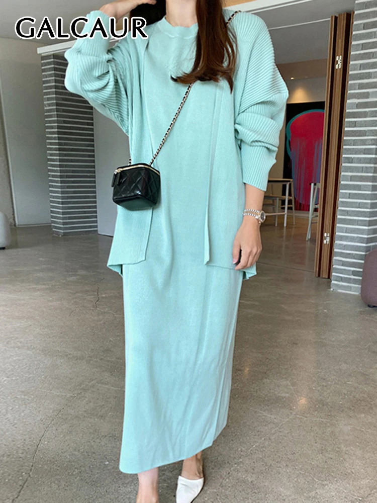 

GALCAUR Minimalist Two Piece Set For Women Round Neck Sleeveless Maxi Dress Knitting Long Sleeve Cardigans Loose Sets Female New