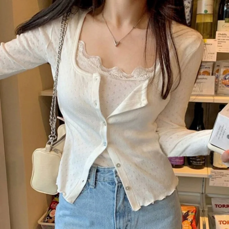 

Autumn Lace Patchwork Camisole Knitted Slim-fit Women's Cardigan Top with Button Placket - Two-piece Set with Mushroom Edges