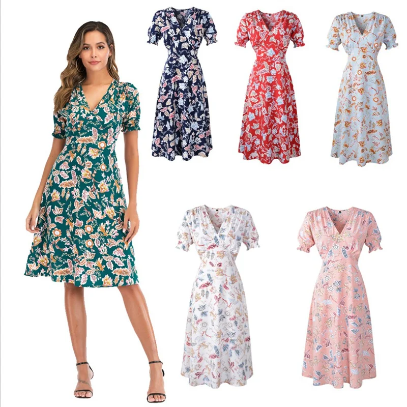

Casual Elastic Waist Boho Beach Dress Women Summer Dress Plus Size Floral Print Vintage Chiffon Midi Dress Vestido de Festa