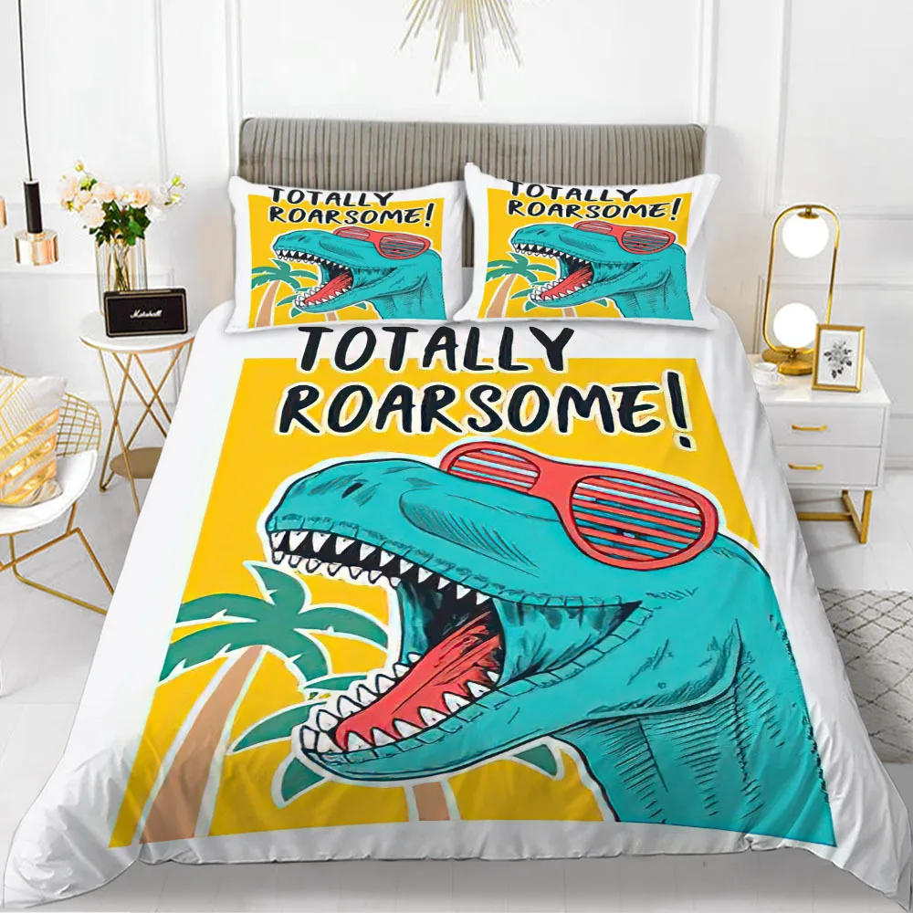 

Dinosaur King Queen Duvet Cover Kawaii Blue Cartoon Animals Bedding Set Kids Boys Jurassic World Wildlife Polyester Quilt Cover