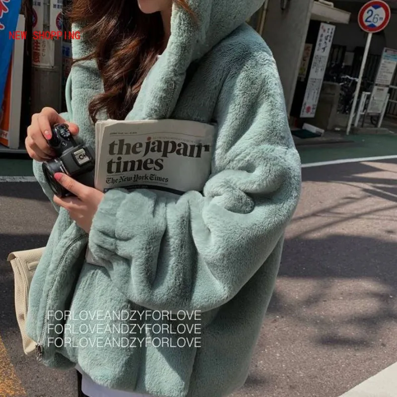 2023 Fashion Women Faux Fur Coat White Winter Casual Warm Hooded Slim Long Sleeve Soft Fox Fur Jacket Casaco Feminino Streetwear