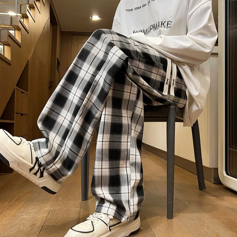 Брюки мужские прямые в клетку рабочая одежда мешковатые штаны уличная большие