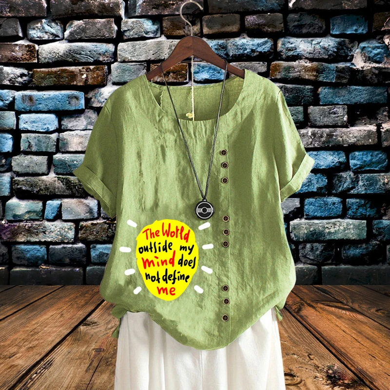

2022 New Ladies Linen Blouse Meaningful Letter Printed Loose T-shirt Breathable Round Neck Solid Color Short Sleeve Top XS-5XL
