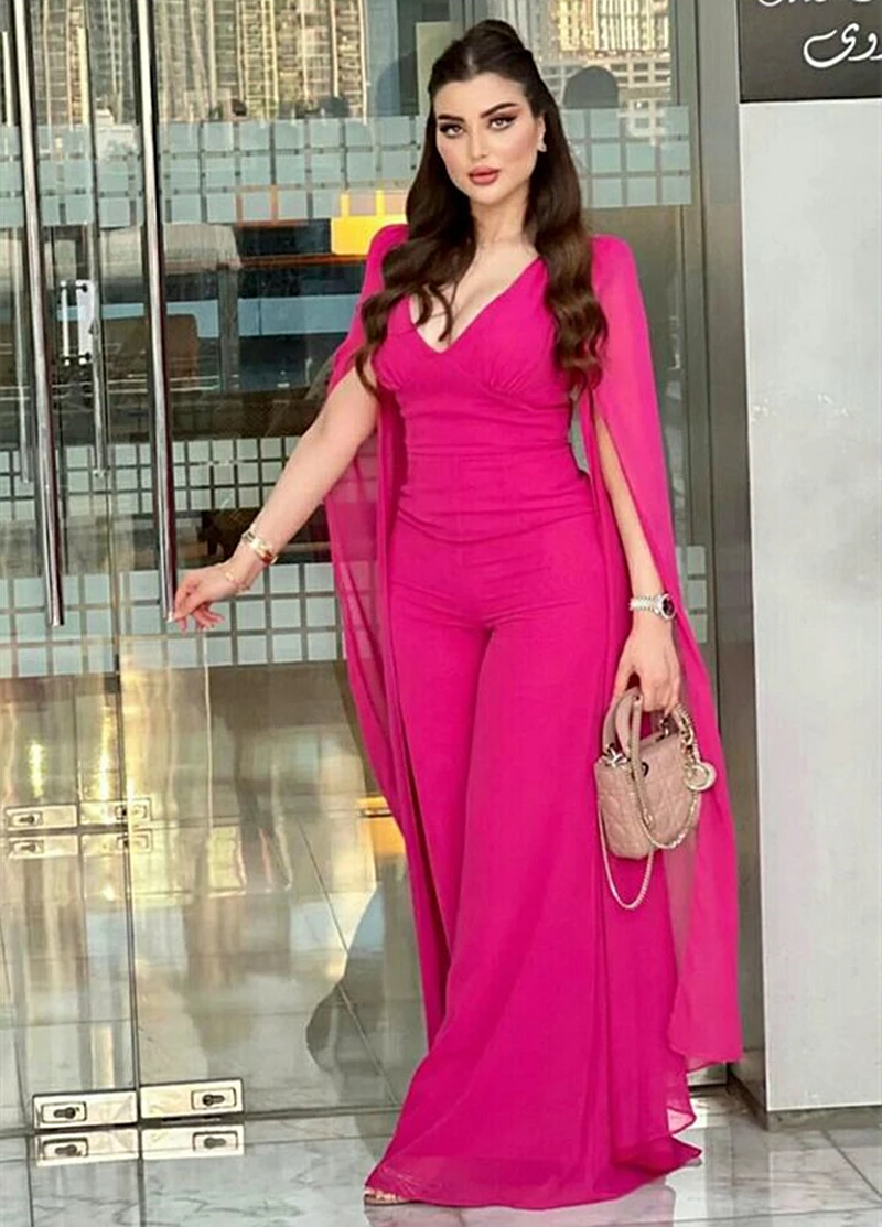 

Elegant Women Evening Jumpsuits Cape Sleeves V-Neck Fuchsia Formal Party Gowns Arabic Dubai Specia Occasion Wear