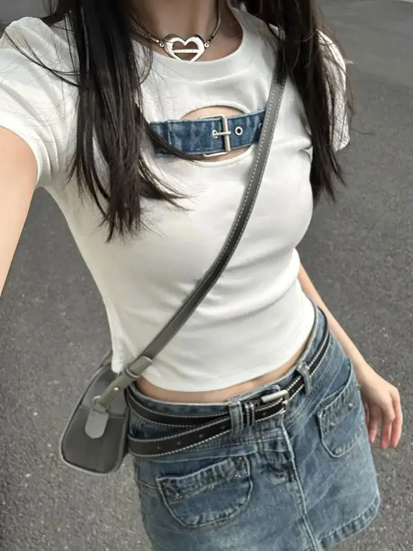 

Женские футболки с вырезами, Белые Повседневные укороченные футболки в Корейском стиле, одежда Y2k для лета, 2023