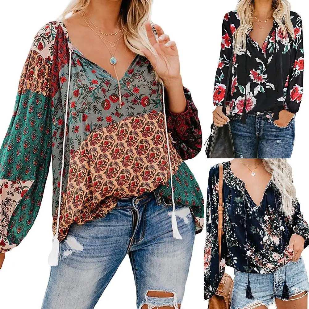 

European and American Autumn Floral Print Big V Collar Long Sleeve Pullover Shirt Loose Drawstring Shirt Jacket