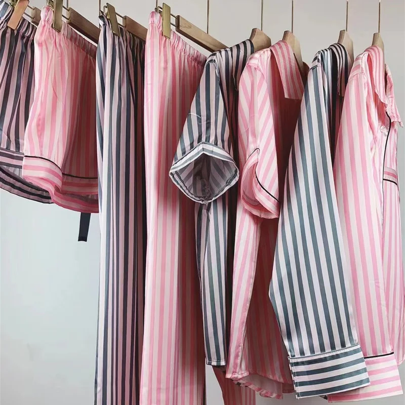 Pink Striped Satin Pyjamas for Women Summer Home Suit Silk Pajamas with Shorts Sleepwear Dropshipping