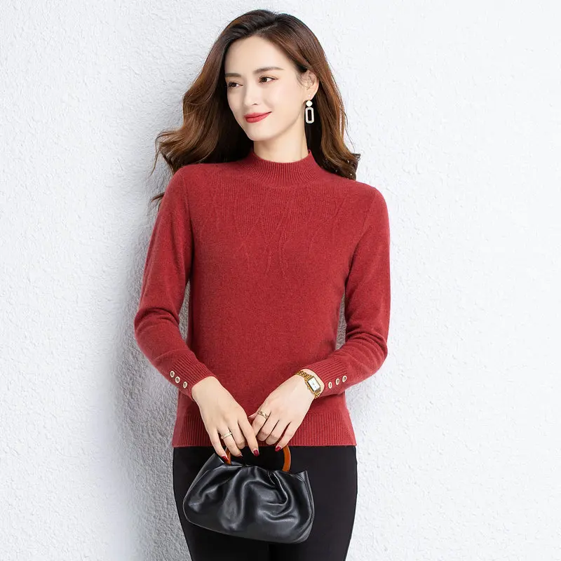 2022 Winter Women Cashmere Wool Pullover Sweaters  Beige Coffee Red Brown Black Cuff Buttons Design Sheep Woolen Knitted Tops enlarge