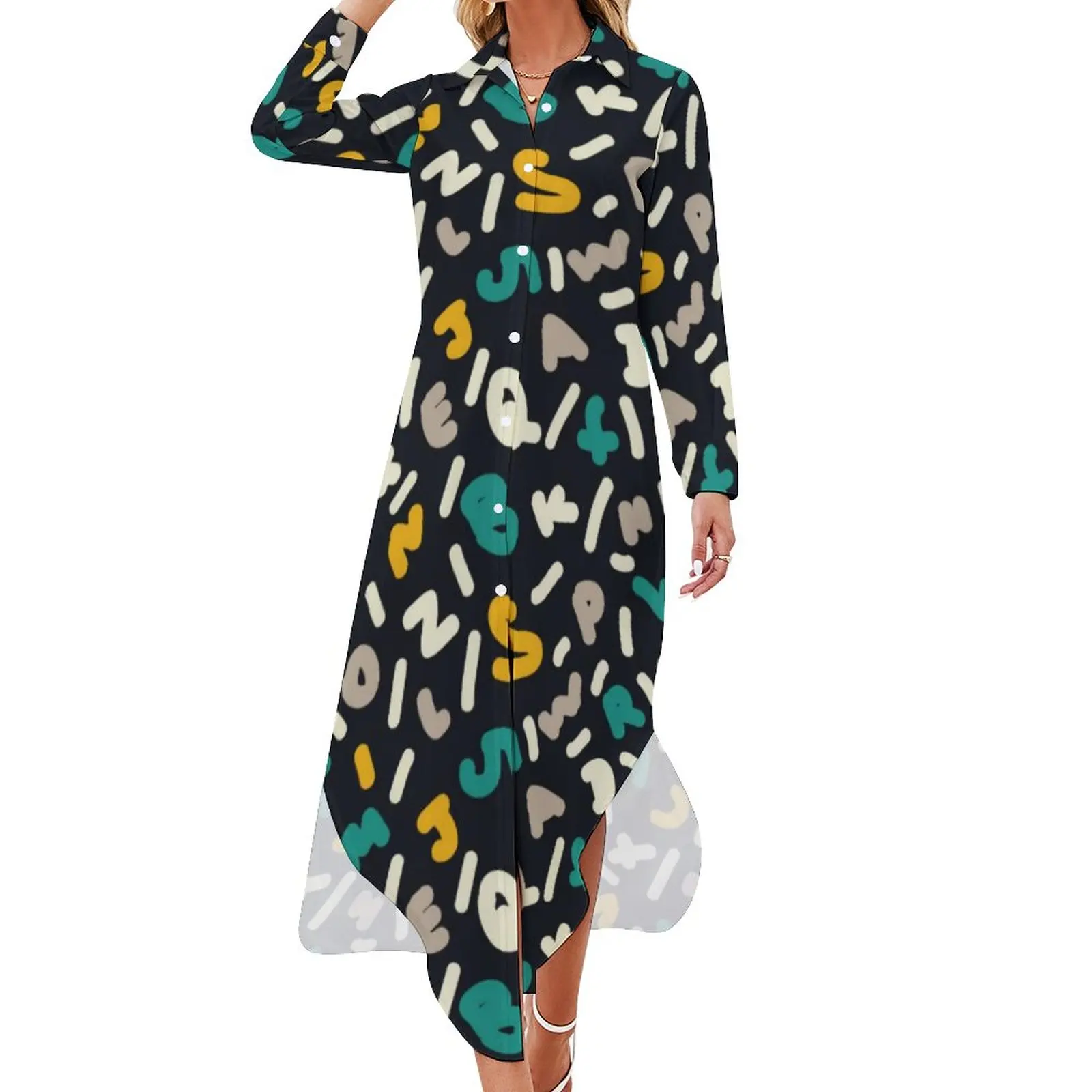 

Abstract Letters Casual Dress Random Word Print Fashion Dresses Long Sleeve Trendy Women V Neck Custom Oversized Chiffon Dress
