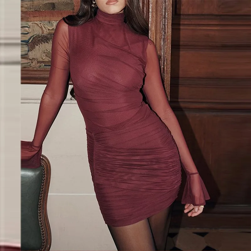 

Zabrina Sexy Mesh Mini Dress For Women Banquet Party Elegant Half High Collar Long Sleeve Ruched Bodycon Prom Birthday Dresses