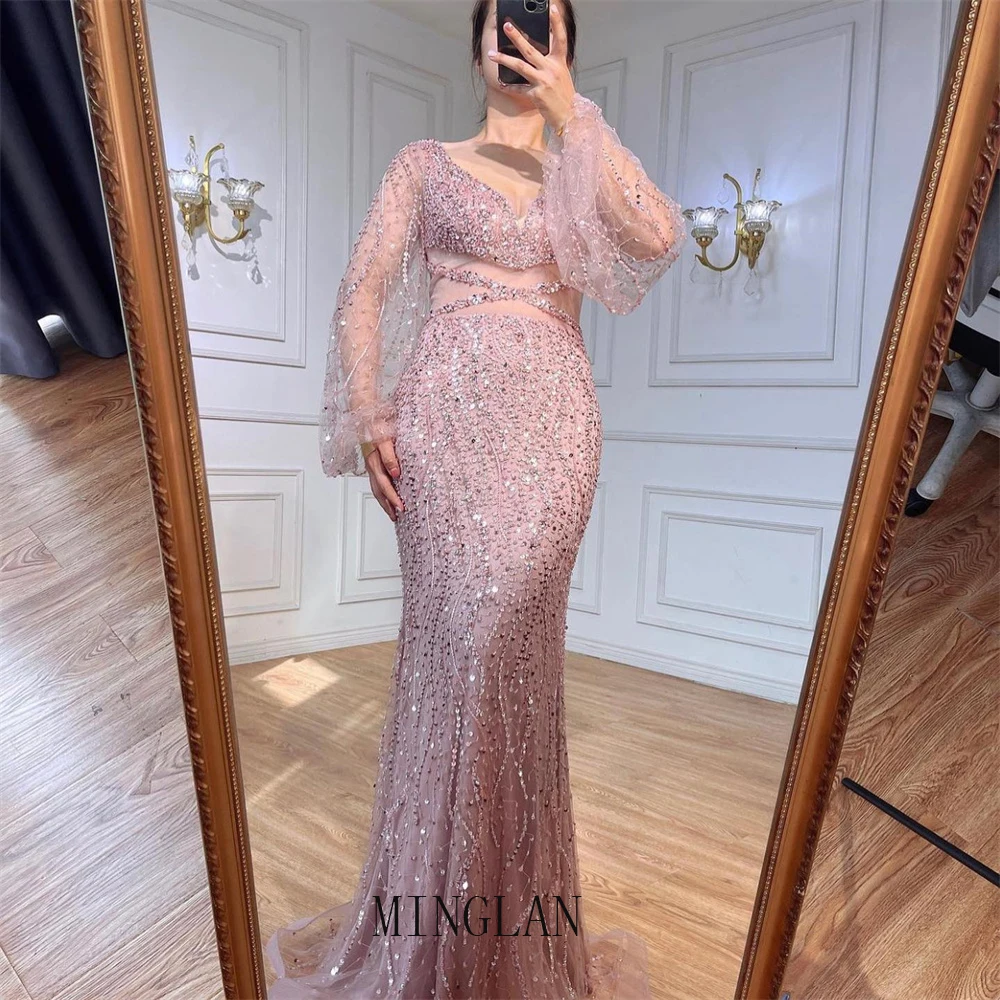 

MINGLAN LUxury Crystal Beading V Neck Full Sleeve Sequined Prom Dress Floor Length Evening Gown New 2023 فساتين مناسبة رسمية