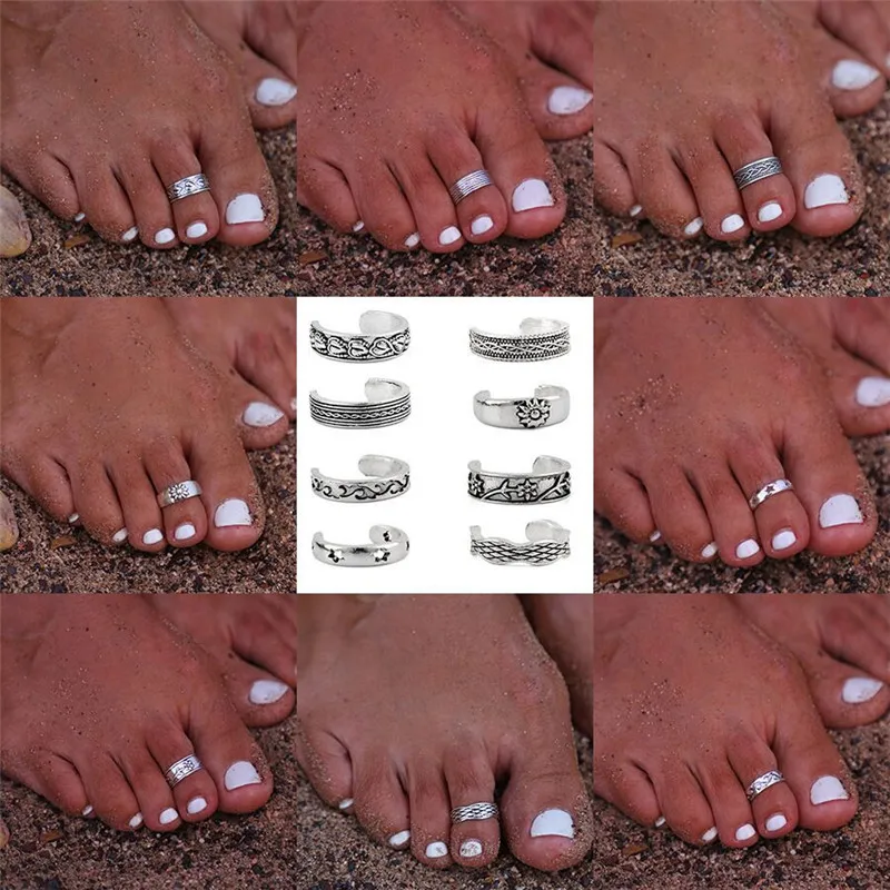 8pcs/Set Toe Joint Retro Ring Totem Pattern Love Flower Sun Summer Beach Adjustable Open Foot Toe Rings for Women Gift Wholesale