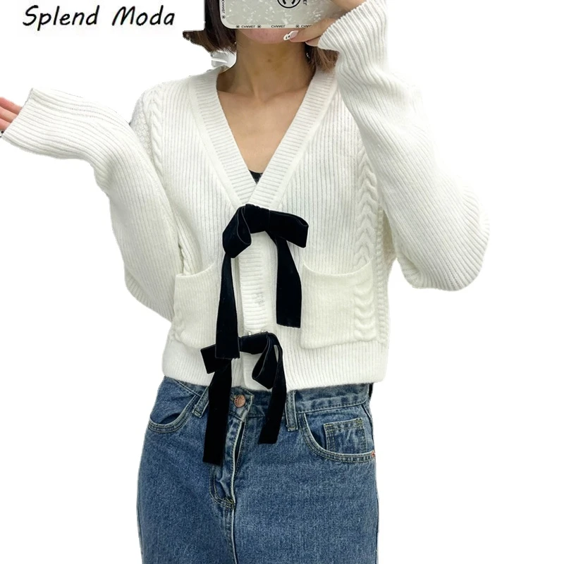 

Splend Moda French Vintage 2021 Autumn Fashion Casual V-Neck Knit Cardigan Women Bow Single Breasted Loose Sweater Female