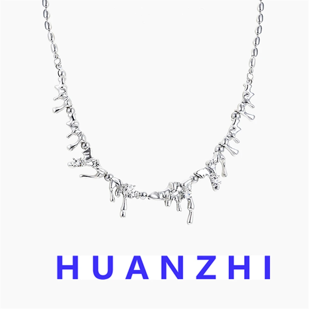 

Punk Metal Clavicle Chain Silver Color Melting Water Drop Rhinestone Irregular Necklace For Women Party Jewelry HUANZHI 2022