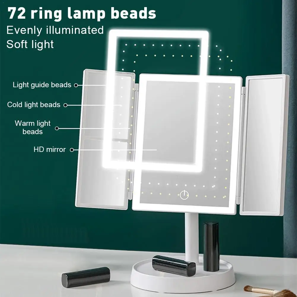 

Vanity Mirror With Lights 1X 2X 3X Magnification Three-color Lighted Makeup Mirror Trifold Dual Power Beauty Mirrors Portable