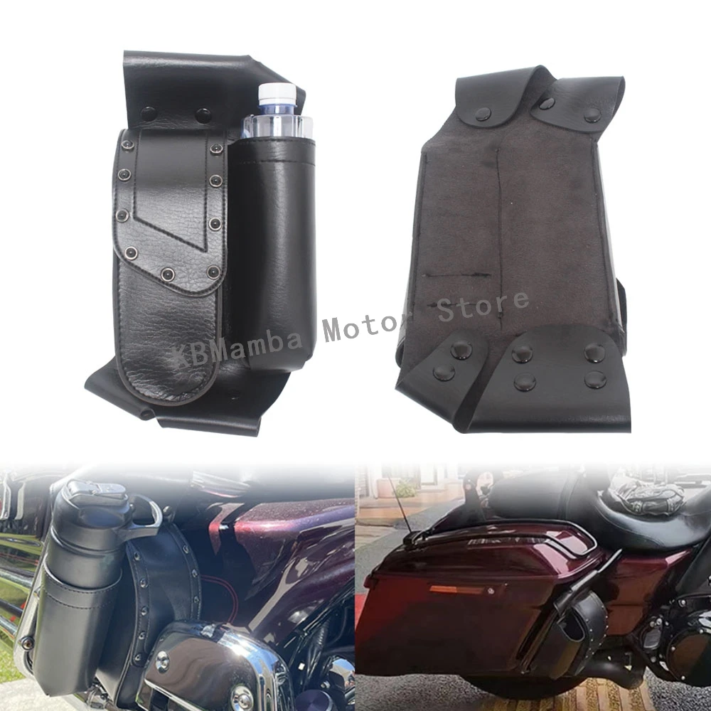

Motorcycle Leather Saddle Bag Crash Bar Saddlebag Guard Bag w/ Water Bottle Holder For Harley Touring Road King Electra Glide