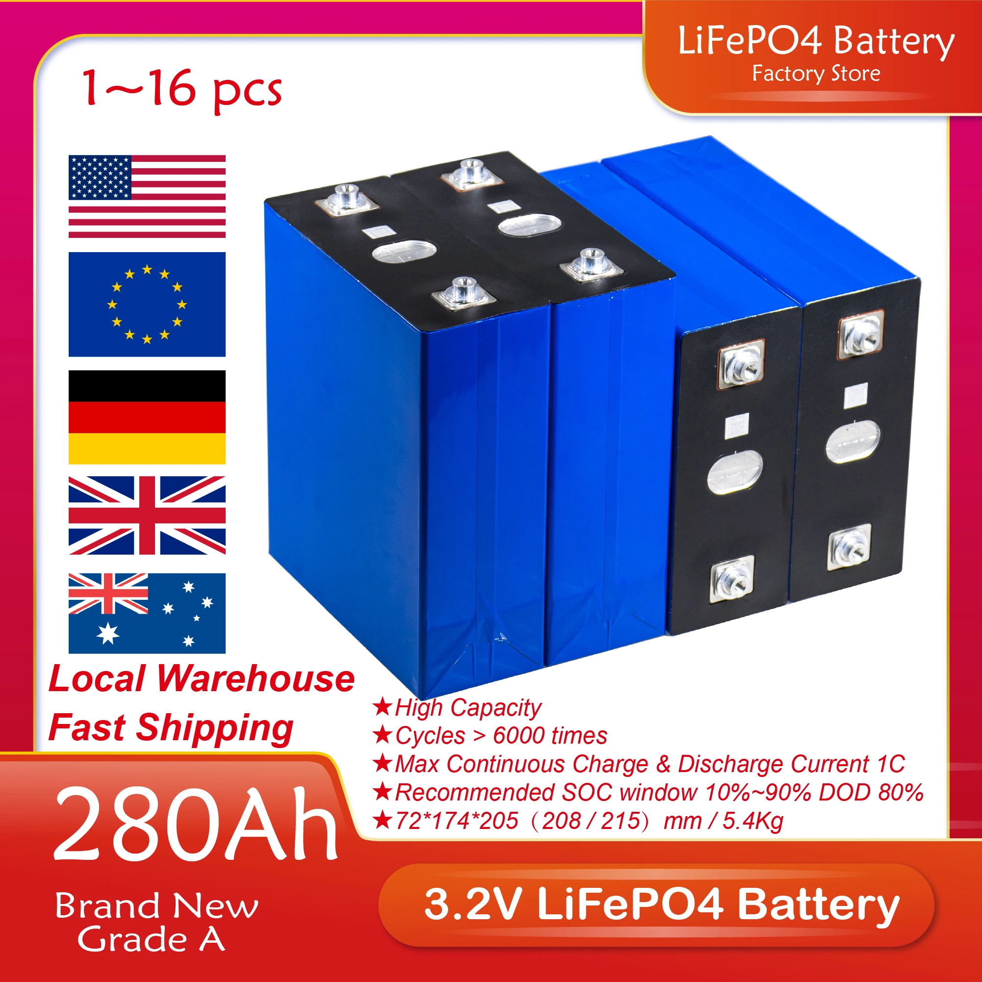 

Новый аккумулятор класса A 280Ah 3,2 V Lifepo4 DIY 12V 24V 48V для домашнего хранения солнечной энергии
