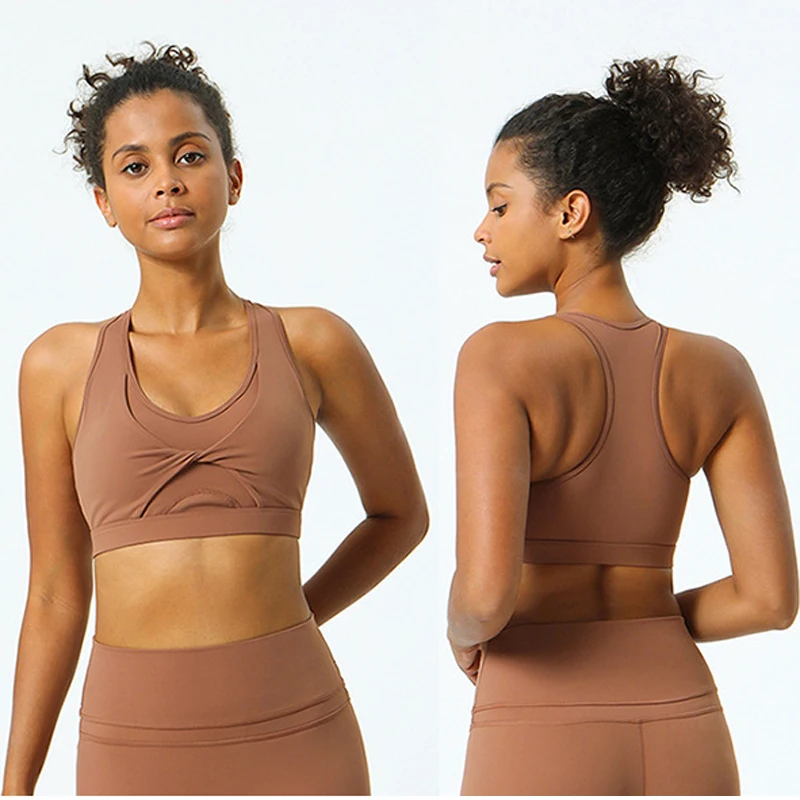 SHINBENE Front Twist Naked Feel Yoga Gym Sport Bras Tops Women Racerback Push Up Fitness Dance Training Workout Brassiere S-XL