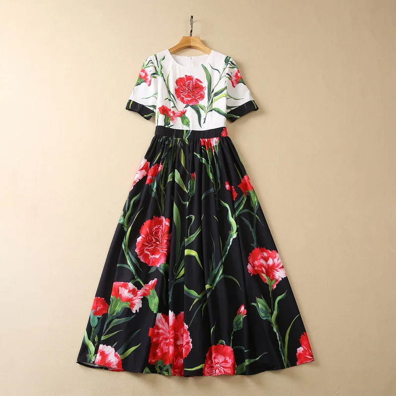 

European and American women's clothes 2023 summer new Round neck Short sleeve pressed drill carnation print Pleated Dress