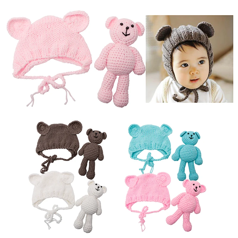

Cute Hat Bear for Newborn Photography Shooting Crocheting Knitted Knit Outfits for Baby Boys Girls with Bear