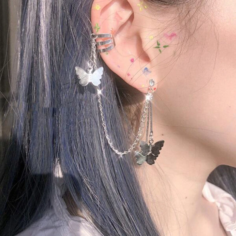 

New Fashion Alloy Butterfly Ear Hanger Pendant Ear Clip Female Creative Retro Simple Silver Chain Metal Earrings Female
