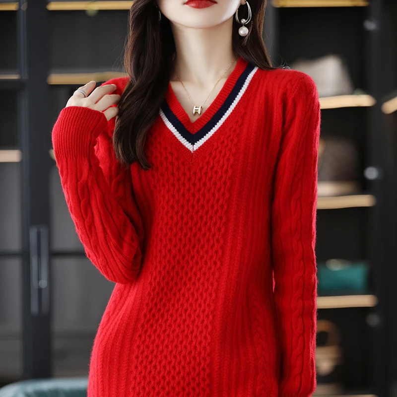 2022 Autumn And Winter New Fashion Ladies V-neck Knitted Sweater Dress 100% Wool Loose Comfortable Mid-length Package Hip Dress