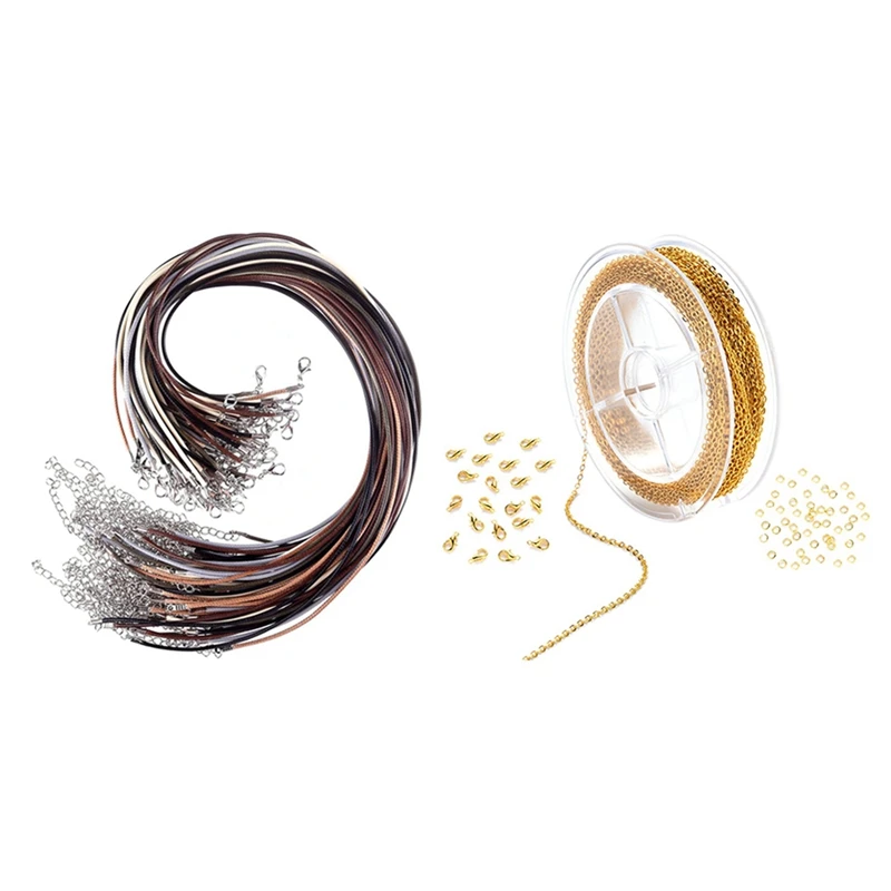 

60 Pcs Waxed Necklace Cord With Clasp & 1 Set Link Chain Spool Bulk With 4Mm Jump Ring And Lobster Clasps