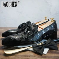 italian designer men loafers shoes black brown mens dress casual shoes plaid prints slip on wedding office leather shoes for men