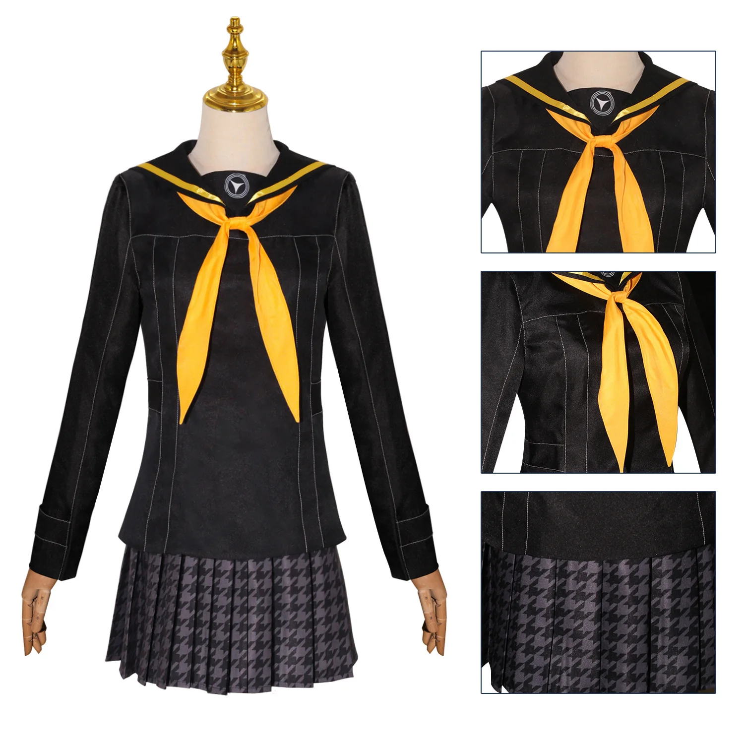 Фото Костюм для косплея по игре Persona 4 Golden Rise: Куджикава. Коричневый парик с двумя хвостиками, черный топ в морском стиле, юбка в клетку 