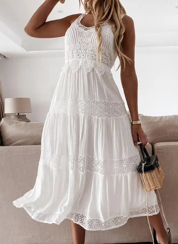 

Boho white lace patchwork beach dress 2022 Summer sleeveless v-neck empire waist loose midi dress with lining slip dress