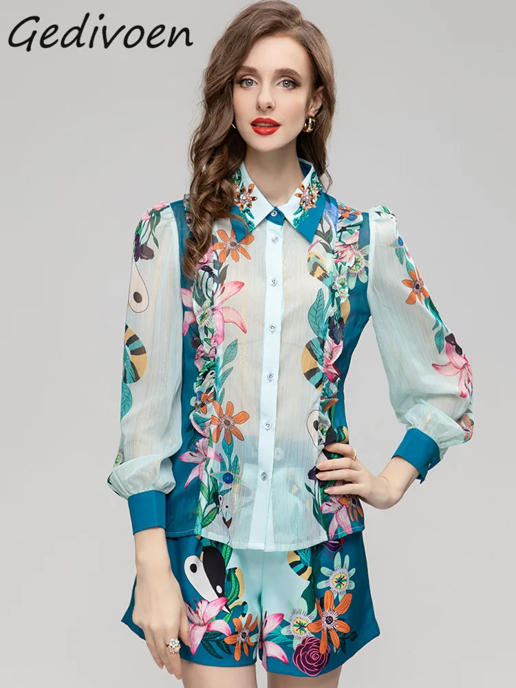 

Gedivoen Summer Fashion Designer Vintage Print Shorts Set Women's Diamond Beading Lapel Slim Top+Straight Shorts 2 Pieces Set