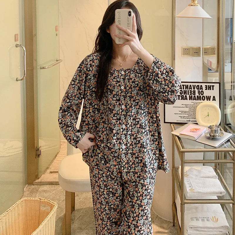 Ladies Pajamas Set Cotton Silk Long Sleeves Floral Cardigan Pijamas Sleepwear Sweet Pijamas Women