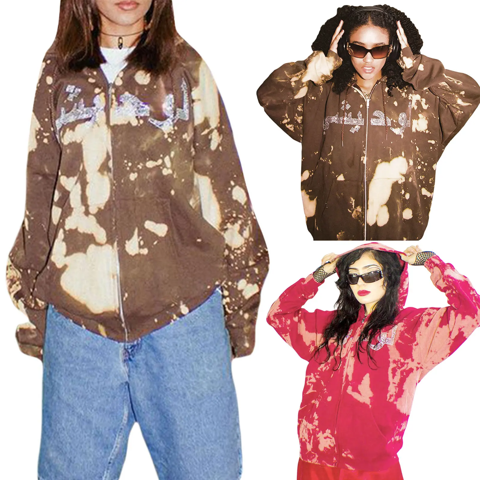 

Женские толстовки с капюшоном на молнии, Свободные повседневные свитшоты большого размера с длинным рукавом и принтом в стиле Tie-dye, осенняя одежда