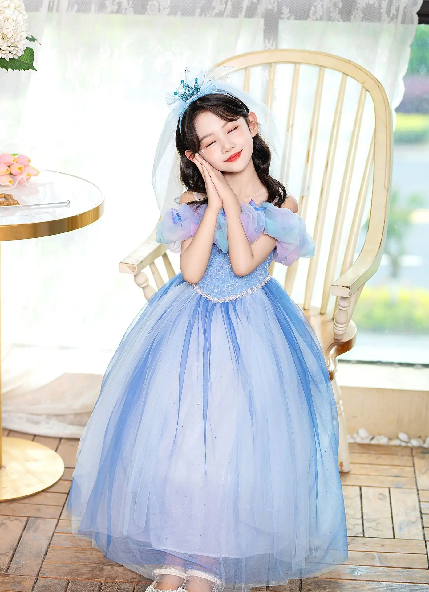 Disney Girl Princess Dress for Kids Sequins Pearl Cinderella Costume 3D Butterfly Luxury Gradient Birthday Carnival Party Gowns