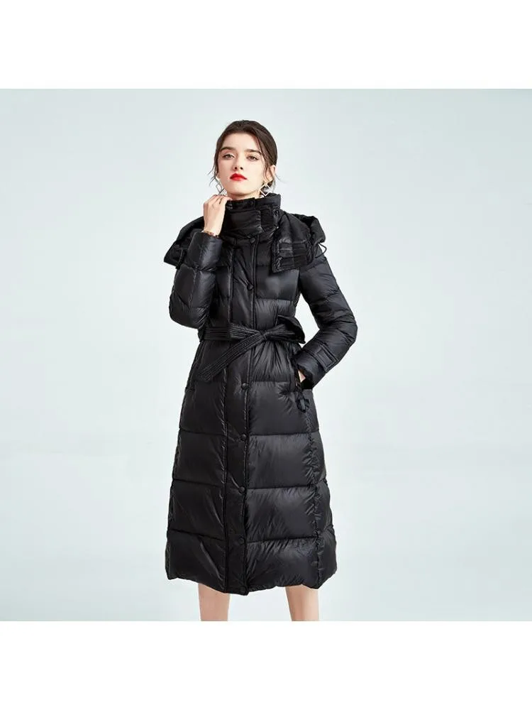 European Station 2022 Winter New High-End Bright Hooded Black Thicked 90 Down Coats Women Lace Up Warmer Bread Cloth Jackets