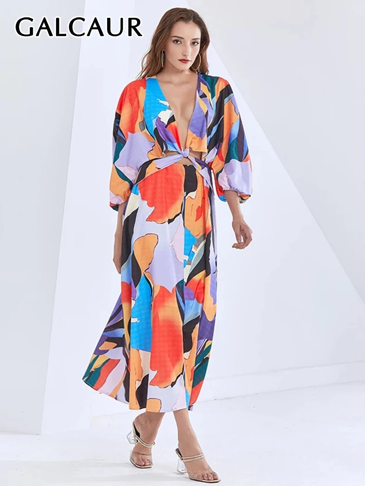 

GALCAUR Hollow Out Long Dress For Women Deep V Neck Lantern Sleeve Gathered Waist Colorblock Dresses Female Clothing Style 2022