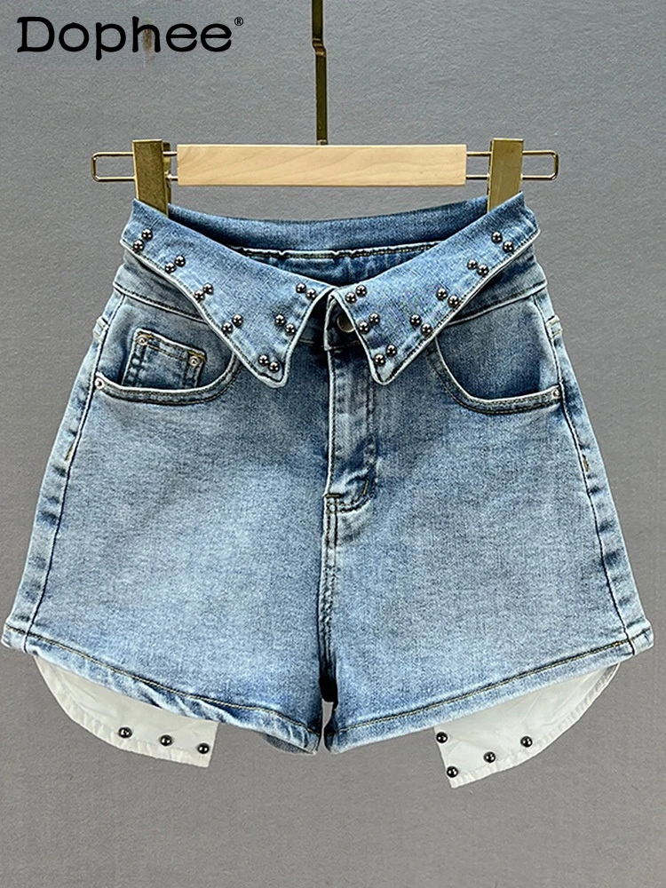 

Женские ассиметричные джинсовые шорты с заклепками, уличная мода с высокой талией, весна-лето 2022