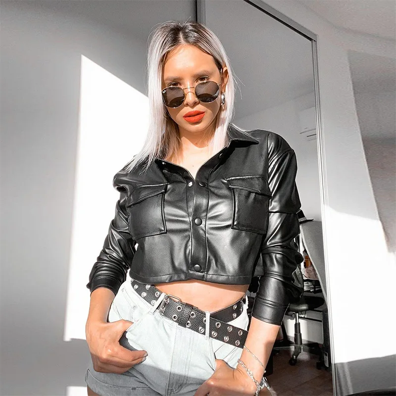 FANTIGO 2023 Autumn Winter Women Clothing Pu Leather Jacket Female Sexy Super-short Motor Biker Jacket For Xl Black Tops Coats