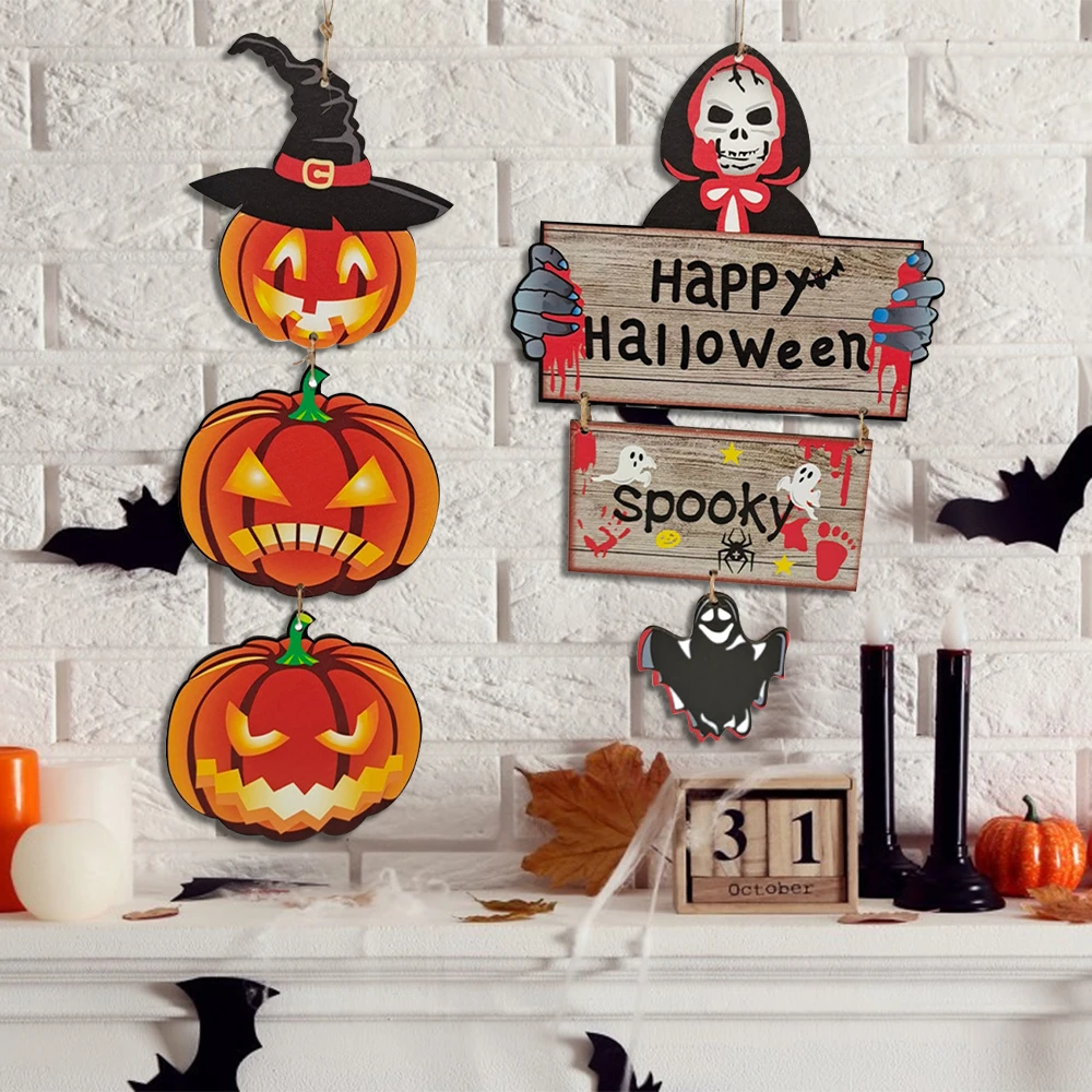 

Halloween Door Sign Wooden Happy Halloween Decoration Home Decor Horror Pumpkin Skeleton Man Hanging Decor for Indoor Outdoor