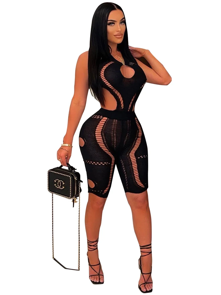 

Knitted Jumpsuits For Women Hollow Out Tassel Bodysuits Sexy Backless Halter Summer 2022 Sleeveless Vintage Fitness Club Clothes