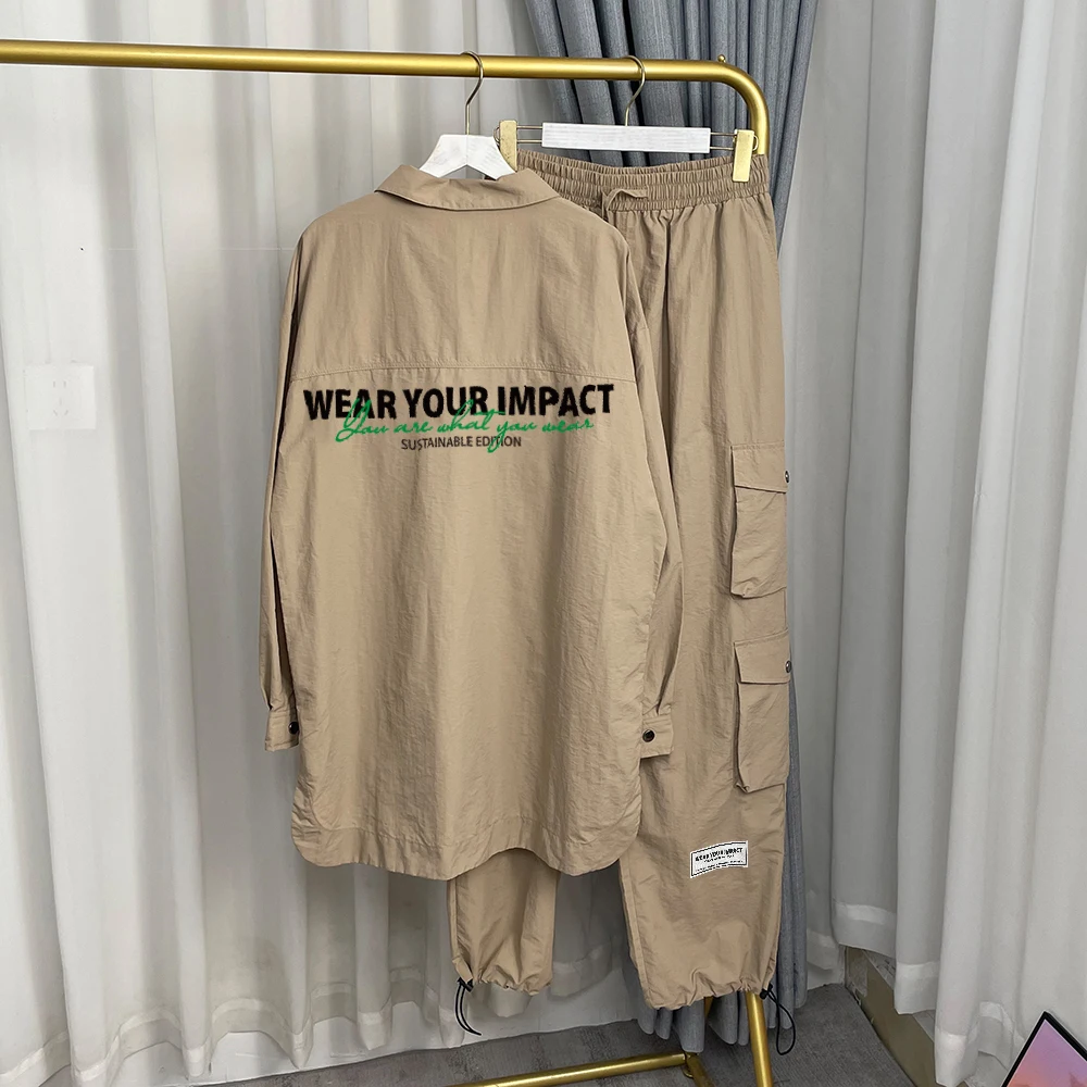 Осенний мужской/женский комплект из рубашки-карго с длинным рукавом и брюк