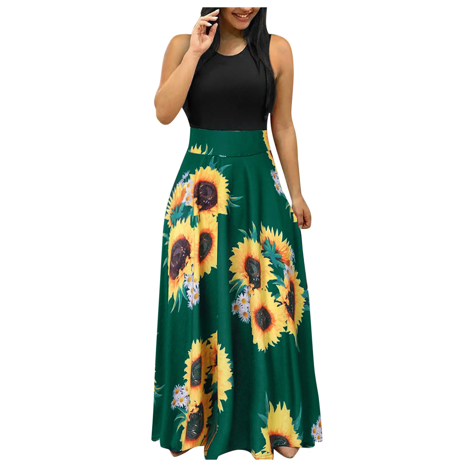 

Sunflower Print Sundress Bohemian Big Swing Beach Dress Women Casual Loose Short Sleeve Maxi Long Dress Summer Robes Vestidos