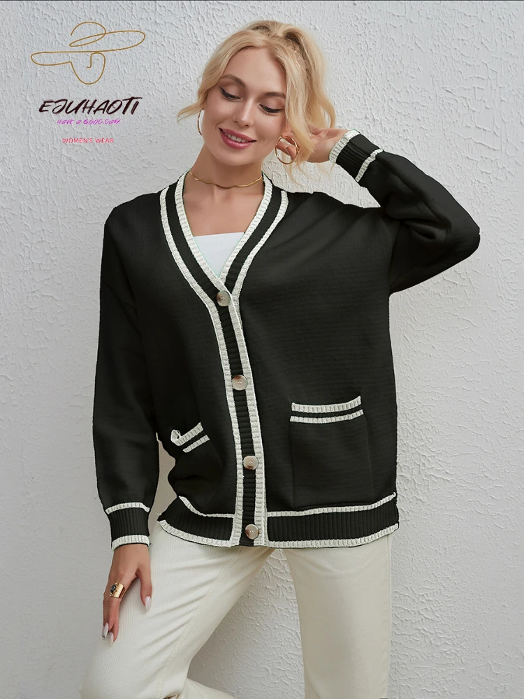 

Women Winter Cardigan Long Sleeve Knitted Top Office Lady Casual Oversized Jumper Cropped White Sweaters Contrast Color Knitwear