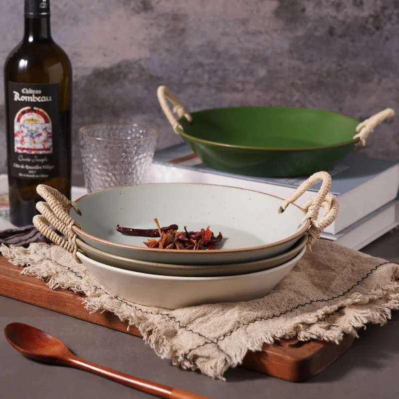 

Креативная керамическая тарелка для стола, плетеная веревка, ручные тарелки, круглая бинауральная тарелка для фруктов, салата, домашняя кух...