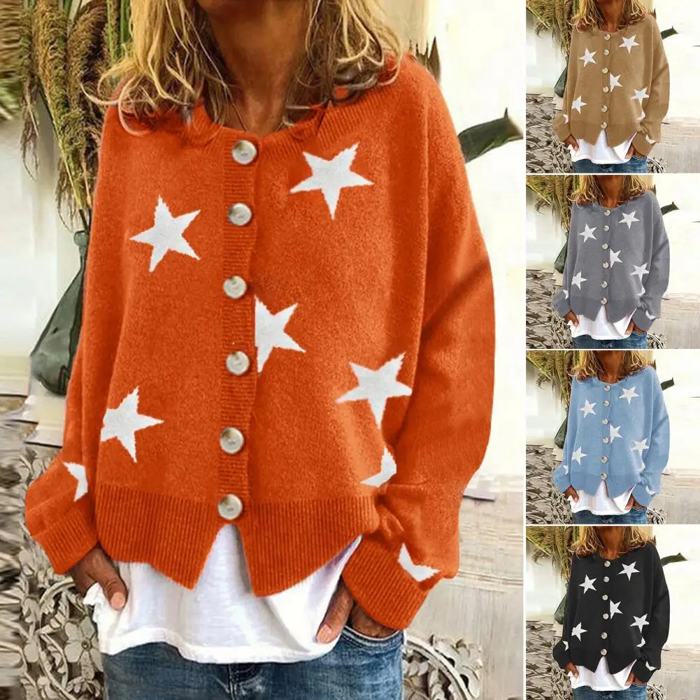 

Casual Sweater O-Neck Skin-Touch Cold Resistant Woman Metal Buttons Star Sweater Cardigan Sweater Coat Home Wear