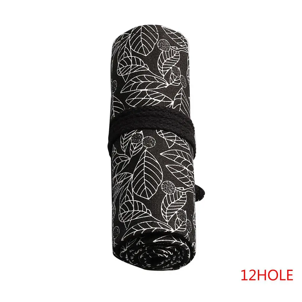 

Black White Leaves Printed Pattern Roll Up Paint Brush Canvas Case Wrap Sketching Drawing Pen Bag Pouch 12-24 Holes