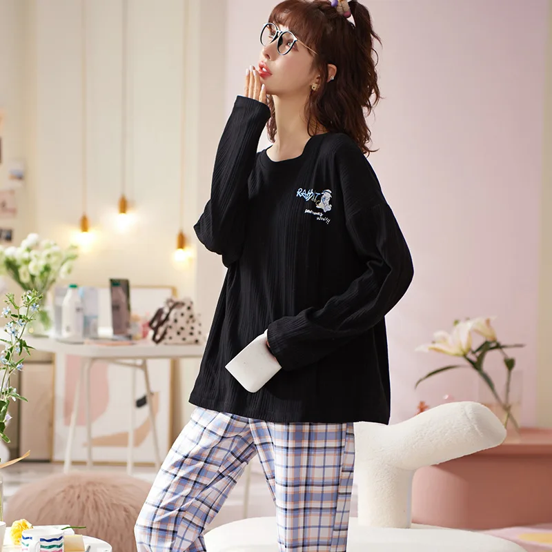 New Spring and Summer Pajamas for Women's Cotton Round Neck Loose Sweet Cute Long-sleeved Trousers Home Service Suit Loungewear