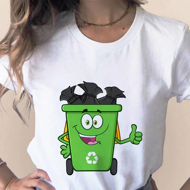 

Women's T-shirt Fun Garbage bag Cartoon Environmental Protection Printed Tshirt Summer Simple Short Sleeve Lady tshirt