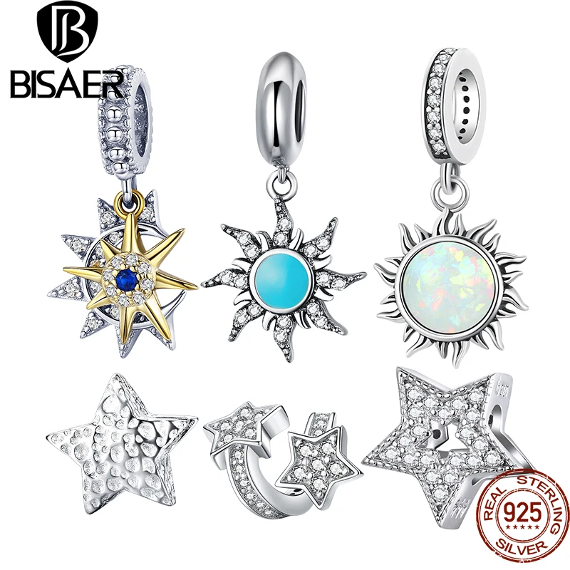 

BISAER 925 Sterling Silver Bright Sun Pendant Shining Stars Charm Plated Platinum Beads Fit Bracelet Necklace DIY Fine Jewelry